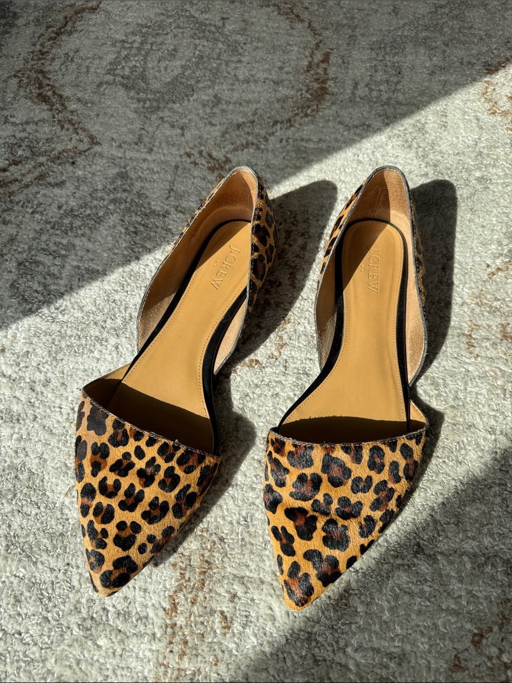 J. Crew Leopard-Print Pointed D'Orsay Flats in Tan and Black